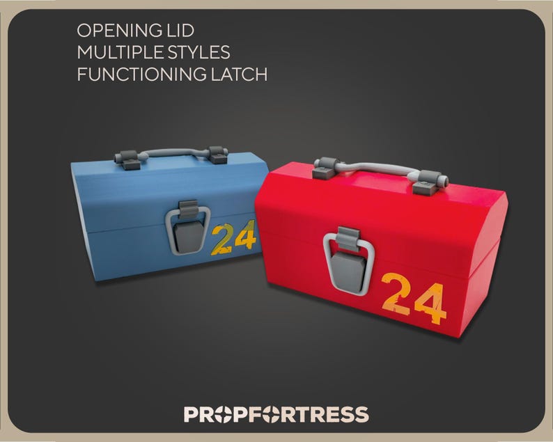May include: Two colorful toolboxes, one blue and one red, are displayed. Each box has a silver handle, a latch, and the number "24" in yellow. The text "OPENING LID MULTIPLE STYLES FUNCTIONING LATCH" is at the top.