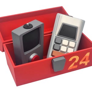 May include: A red toolbox with the number 24 in orange. Inside are two gray devices with black screens and red and white accents. One device has a red button, and the other has square buttons.