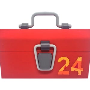 May include: A red toolbox with a gray handle and latch. The number "24" is displayed on the front in orange and yellow. The toolbox is closed and ready for use.