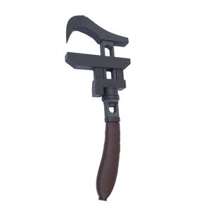 May include: A dark gray adjustable wrench with a curved jaw and a brown handle. The tool is designed for gripping and turning objects. The handle is textured for a secure grip.