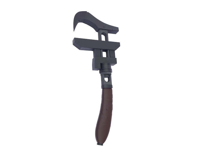 May include: A dark gray adjustable wrench with a curved jaw and a brown handle. The tool is designed for gripping and turning objects. The handle is textured for a secure grip.