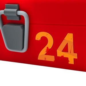 May include: A red box with a gray handle and latch. The number "24" is printed in orange on the side of the box. The box is likely used for storage or display.