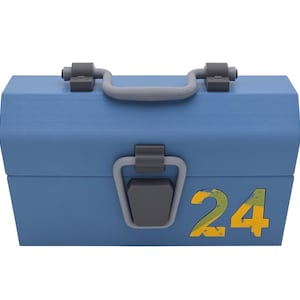 May include: A light blue toolbox with a gray handle and clasps. The number "24" is displayed in yellow and green on the front of the box. The toolbox is closed and has a rectangular shape.
