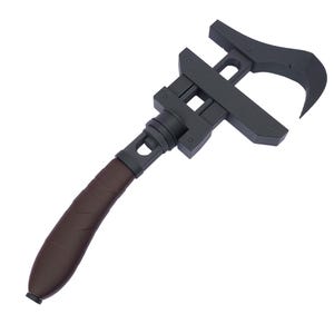 May include: A dark gray adjustable wrench with a curved hook end and a brown handle. The tool has a textured handle and a wide jaw opening. The wrench is designed for gripping and turning objects.
