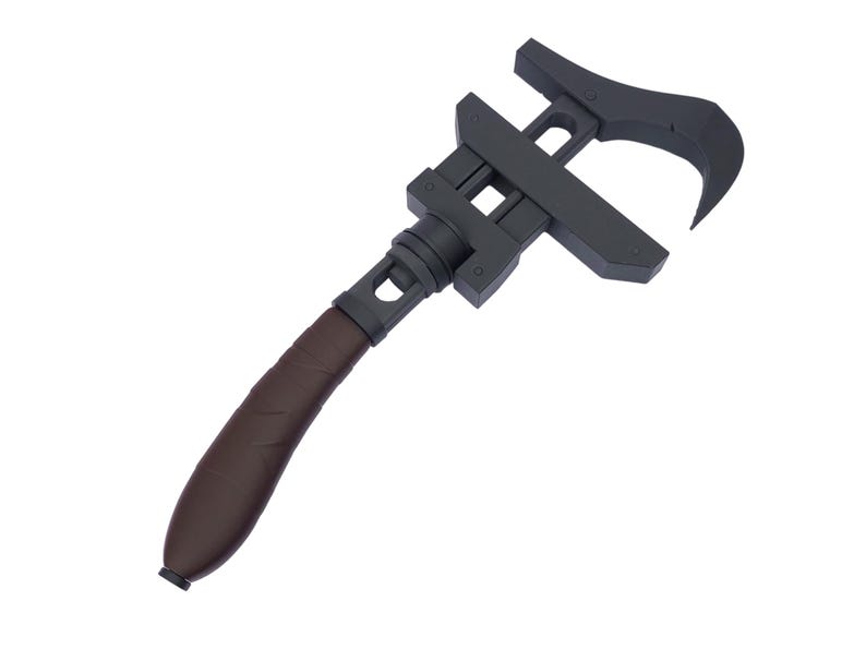 May include: A dark gray adjustable wrench with a curved hook end and a brown handle. The tool has a textured handle and a wide jaw opening. The wrench is designed for gripping and turning objects.