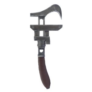 May include: A vintage-style adjustable wrench with a curved hook end and a brown handle. The metal tool has a weathered, industrial appearance, suggesting it's been used. The design includes a central adjustment mechanism.