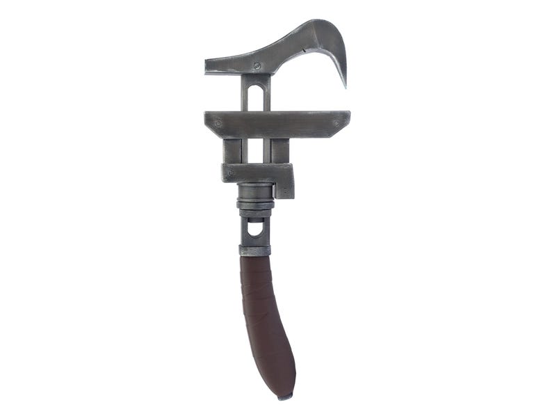 May include: A vintage-style adjustable wrench with a curved hook end and a brown handle. The metal tool has a weathered, industrial appearance, suggesting it's been used. The design includes a central adjustment mechanism.