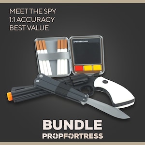 May include: A collection of spy-themed props, including a cigarette case, a device labeled "SPYTRON 3000", a revolver with a white handle, and a butterfly knife. The image includes the text "MEET THE SPY 1:1 ACCURACY BEST VALUE" and "BUNDLE PROP FORTRESS".
