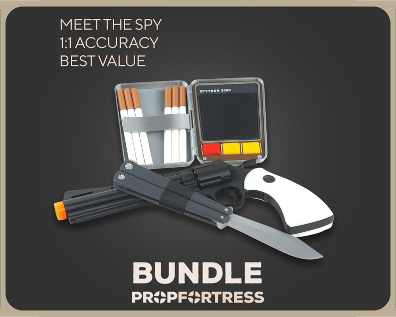May include: A collection of spy-themed props, including a cigarette case, a device labeled "SPYTRON 3000", a revolver with a white handle, and a butterfly knife. The image includes the text "MEET THE SPY 1:1 ACCURACY BEST VALUE" and "BUNDLE PROP FORTRESS".
