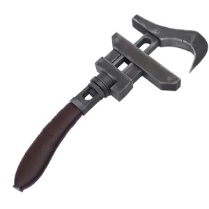 May include: A dark gray adjustable wrench with a curved hook end and a brown leather-wrapped handle. The tool is designed for gripping and turning objects, and it is set against a white background.