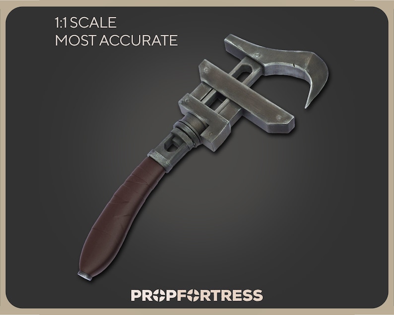 May include: A metal wrench with a brown leather-wrapped handle. The wrench has a curved jaw and adjustable mechanism. The text "1:1 SCALE MOST ACCURATE" is visible at the top. The logo "PROP FORTRESS" is at the bottom.