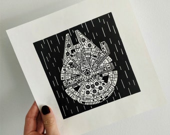 Star Wars Millennium Falcon Lino Print | 9x9 | Handmade, Signed | "Twelve Parsecs"