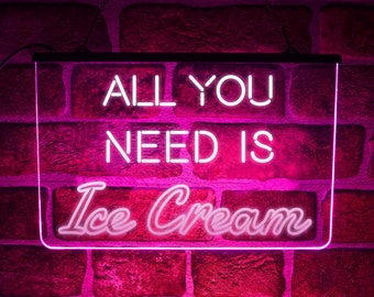 Neonowa tablica świetlna LED „All You Need Ice Cream” | Wisząca dekoracja ścienna lub okienna do domu, salonu lub sklepu