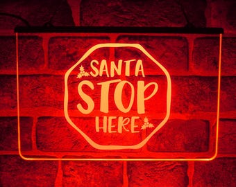 Santa Stop Here Christmas LED Neon Light Up Sign | Festive Decorations Decor | Hanging Window & Wall Display