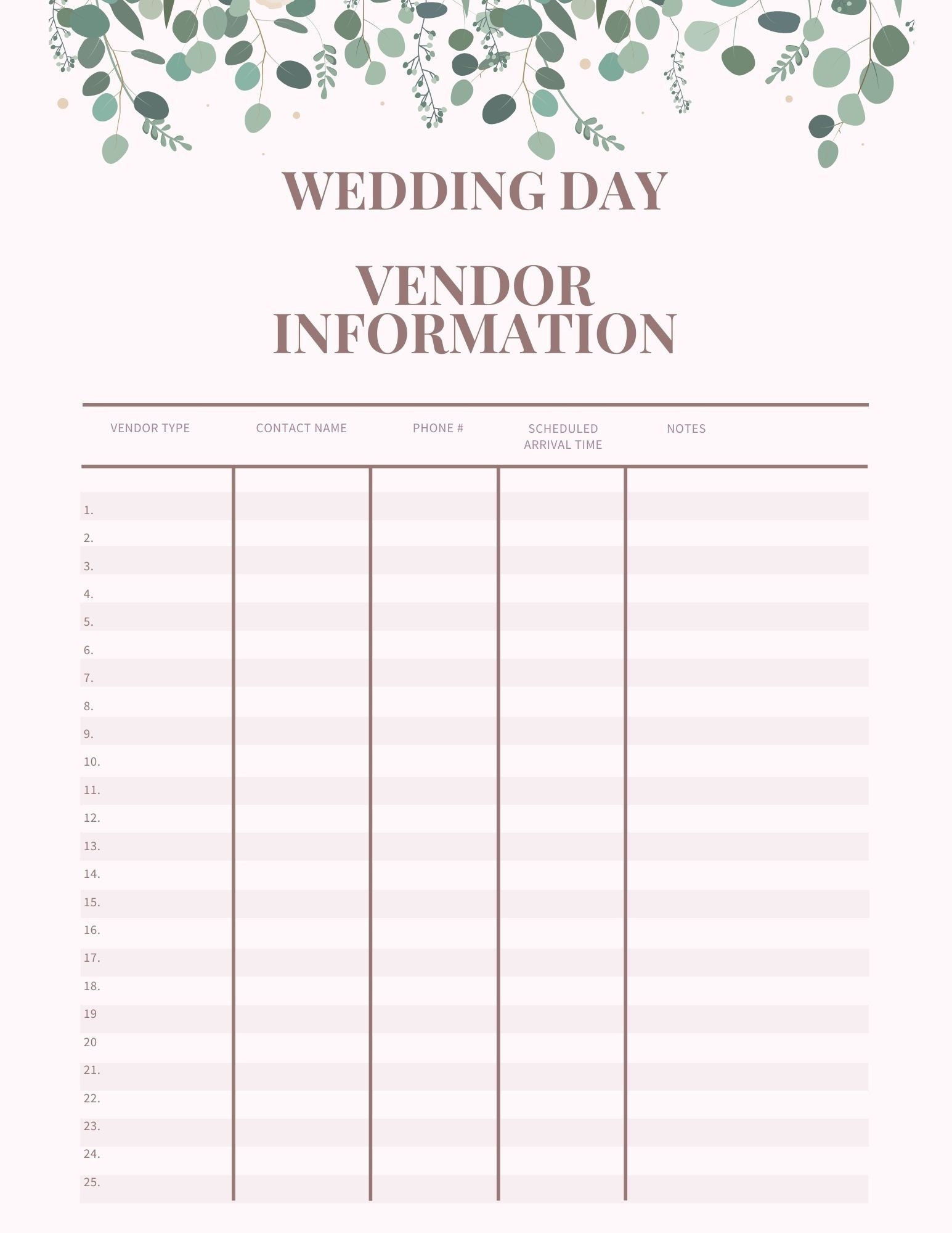 Wedding Vendor Contact List Template Wedding Vendor Contact List Template