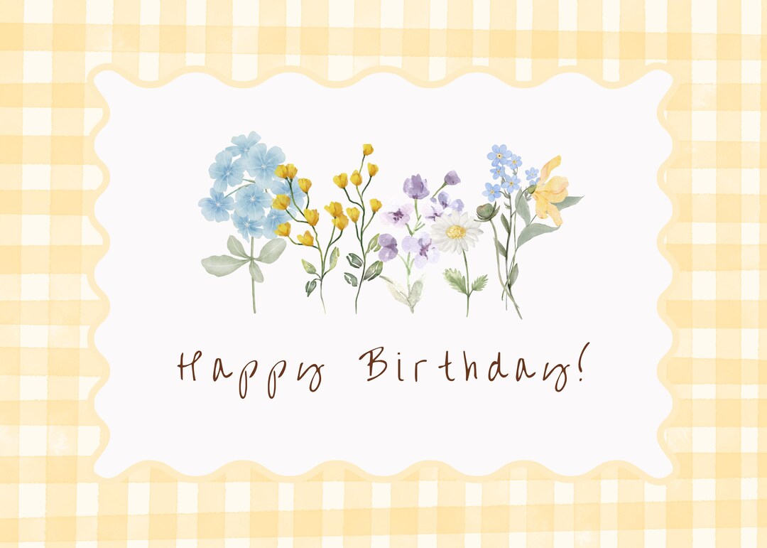 Watercolor Floral Birthday Card | Yellow Gingham (instant Download) - Etsy