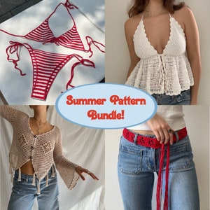 May include: A set of three crochet patterns for a bikini top, a bikini bottom, and a crochet top with fringe. The patterns are available as a digital download. The text "Summer Pattern Bundle!" is displayed on a blue background.