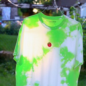 May include: A green and white tie-dye t-shirt with a small embroidered strawberry on the front. The shirt is hanging on a washing line.