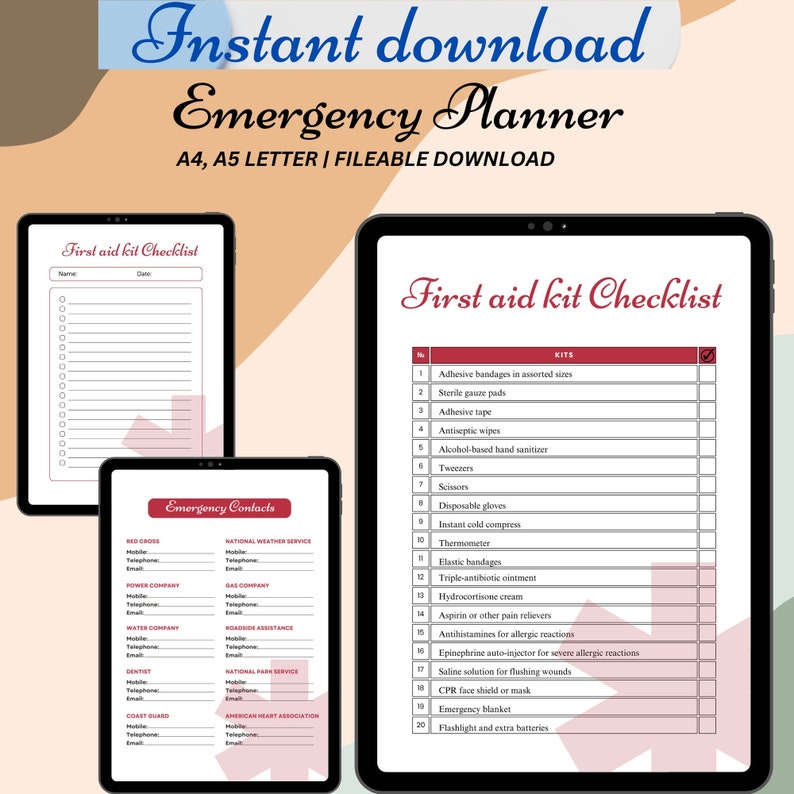 First Aid Kit Checklist Printable PDF Template, Emergency Checklist