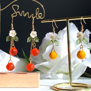 Fruit earrings/ Orange earrings/ Glass orange drop earrings/ Food earrings/  Flower earrings/ gift for her