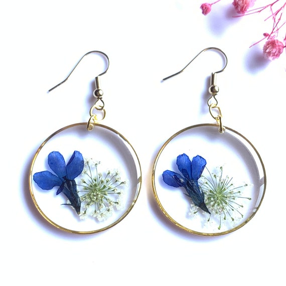 Dried Flower Handmade Resin Earrings Queen Ann Lace and Lobelia