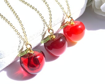 Cherry Pendant Necklace, Resin Fruit, 14k Gold Filled