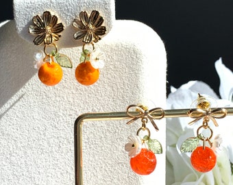 Fruit earrings/ Orange earrings/ Glass orange drop earrings/ Food earrings/  gift for her