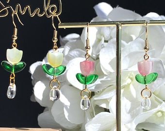 Glass tulip flower dangle earrings/ Pendant earrings/ Colorful Flower Earrings/Spring flower earrings/ Gift for her