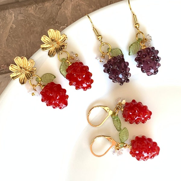 Raspberry earrings/ Blackberry earrings/ Fruit earrings/Glass raspberry blackberry drop earrings/ Food earrings/  gift for her