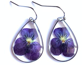 Real Pressed Flower Resin Earrings, Stainless Steel Hook