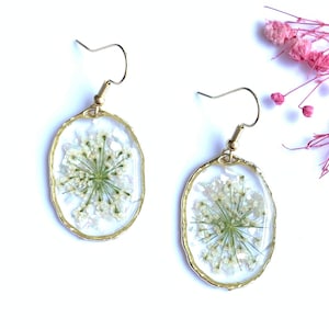 Real Pressed Queen Anne's Lace Resin Earrings: 14k Gold Filled