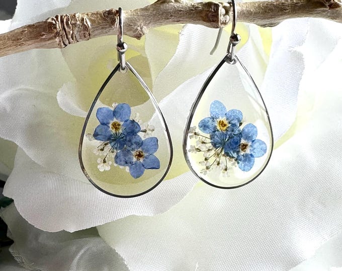 Real Pressed Flower Resin Earrings: Queen Anne's Lace, Forget-Me-Not ,gift for her