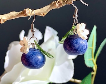 Handmade Blueberry dangle Earrings: Stainless Steel Hook, Fun Food  fruit Jewelry, gift