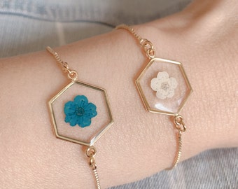 Forget Me Not Bracelet Jewelry, Pressed flower bracelet, dried flower bracelet, 14k gold bracelet, Bride jewelry