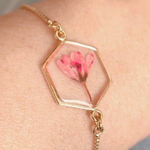 Dried flower bracelet, pressed real flower hexagonal bracelet, Bridesmaid jewelry, wedding jewelry,Bloom baby shower jewelry/Christmas Gift Pink