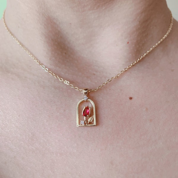 14 k gold filled Red tulip in gold  necklace / Pendant necklace/ Gold  necklace/  Gift for her