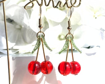Glass cherry earrings /Fruit earrings/ Dangle hooked earrings/Food earrings/ Fun cute earrings/ gift for her