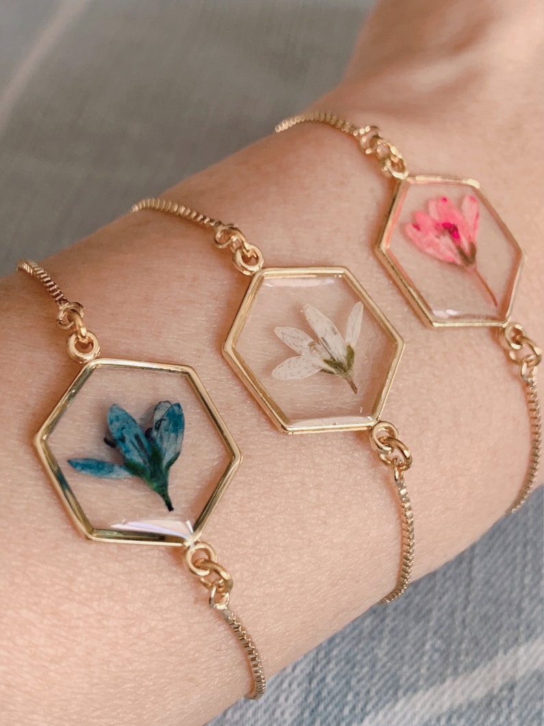 Dried flower bracelet, pressed real flower hexagonal bracelet, Bridesmaid jewelry, wedding jewelry,Bloom baby shower jewelry/Christmas Gift image 1