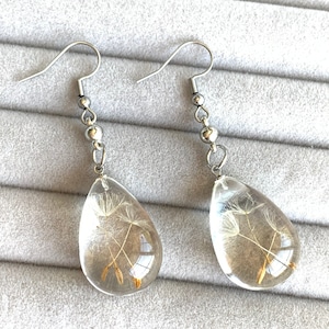 May include: A pair of silver dangle earrings with clear teardrop-shaped resin charms containing dried dandelion seeds.
