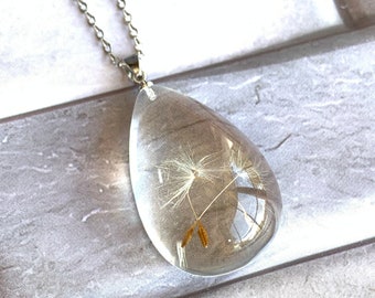 Real Dandelion Seed Necklace: Resin Pendant, White Gold Filled