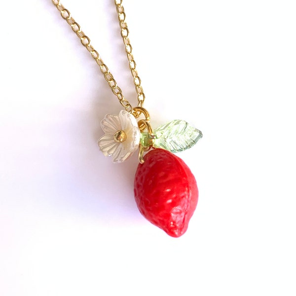 Red lemon necklace/ 14k gold filled  necklace / Pendant necklace/ Food jewelry/ fruit necklace/ Gift for her. Matching earrings available