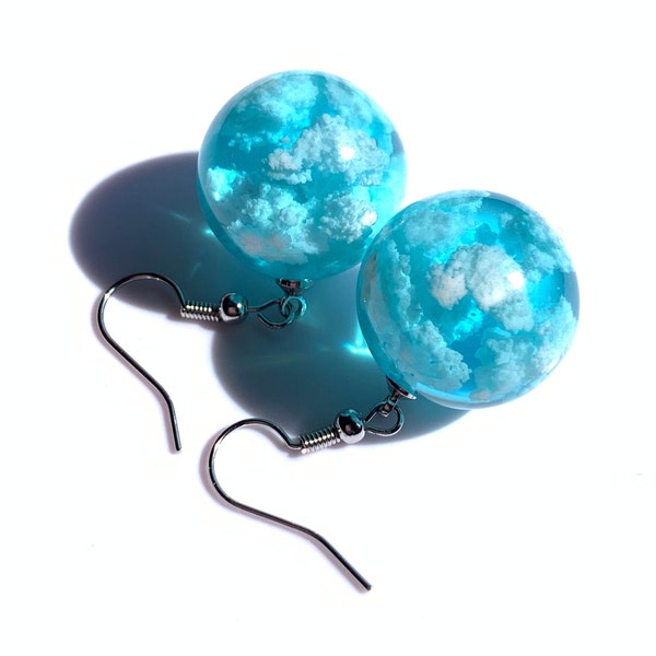 Blue sky  sphere dangle earrings/ Cloudy sky with a bird earrings/ Pendant earrings/Cloud earrings/ gift for her/ sky earrings