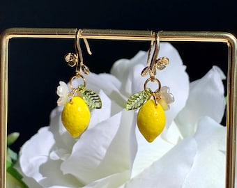 Handmade Lemon Drop Earrings, Orange earrings,  Leaf Hooks,Fruit jewelry