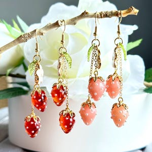 Strawberry Pendant Earrings: 14k Gold Filled Hooks, Resin Fruit