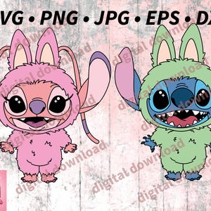 May include: Digital download featuring two cartoon characters, one pink and one green, each wearing a furry costume with large ears. The pink character has a pink and purple color scheme, while the green character is blue and green. Text at the top reads "SVG • PNG • JPG • EPS • DXF".