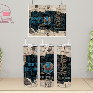 May include: Three stainless steel tumblers with a design featuring a blue and gold crest surrounded by words like "wisdom", "creativity", "acceptance", and "intelligence" on a background of torn pages.