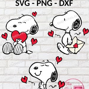May include: Digital design featuring Snoopy in three different poses, each with red hearts. The text "3 Designs" and "SVG - PNG - DXF" are at the top. The Pink Room logo is at the bottom.