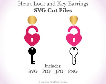 Heart Lock and Key Valentines Day DIY Earrings SVG Template Cut Files Design Wood Leather Acrylic Glowforge Silhouette Cricut Laser Cutter