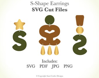 Unique S Letter Shape Earrings Design DIY Easy SVG Pdf PNG Cut Files Wood Leather Acrylic Glowforge Silhouette Cricut Cutting Machine Laser