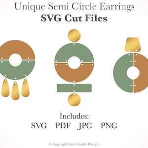 Könnte beinhalten: Drei einzigartige Halbkreis-Ohrring-Designs in SVG-Schnittdateien. Die Ohrringe sind in den Farben Braun, Grün und Gold gehalten. Die Designs beinhalten einen Halbkreis mit einem kleineren Halbkreis im Inneren, einen Halbkreis mit einem kleineren Halbkreis im Inneren und einem kleinen Rechteck darunter sowie einen Halbkreis mit einem kleineren Halbkreis im Inneren und einem kleinen Kreis oben. Der Text "Includes: SVG PDF JPG PNG" befindet sich am unteren Rand des Bildes.